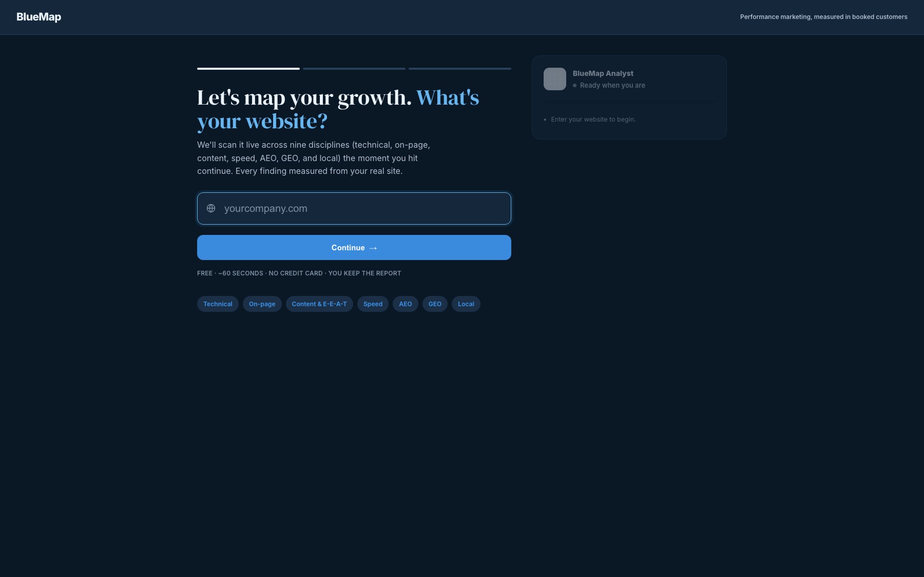 The BlueMap audit screen asking for your website, ready to scan across technical, on-page, content, speed, AEO, GEO, and local disciplines.